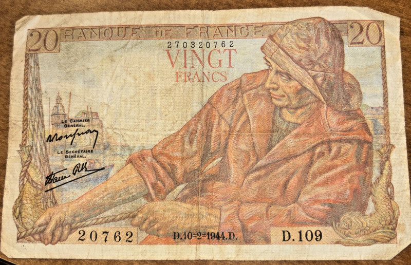 1944 FRANCE 20 FRANCS NOTE BANK OF FRANCE