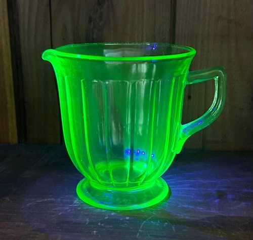 Vintage Hazel Atlas 1930's Aurora Uranium Vaseline Depression Glass Creamer  4"