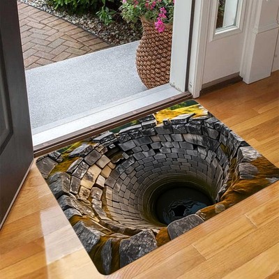 3D Ancient Stone Well Print Door Mat Realistic Illusion, Non-Slip Sponge Base  