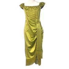 PRETTYLITTLETHING DRESS Bardot Olive Green Corset Fringe Tassel Hem Midi 8 Satin