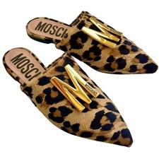 Moschino Leopard Calf Hair Pointed Toe Mules Gold M Logo Flat EU 38 US 7 Italy