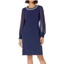 Tahari ASL Sheath Dress Size 6P Navy Blue Sheer Sleeves Embellished Neckline