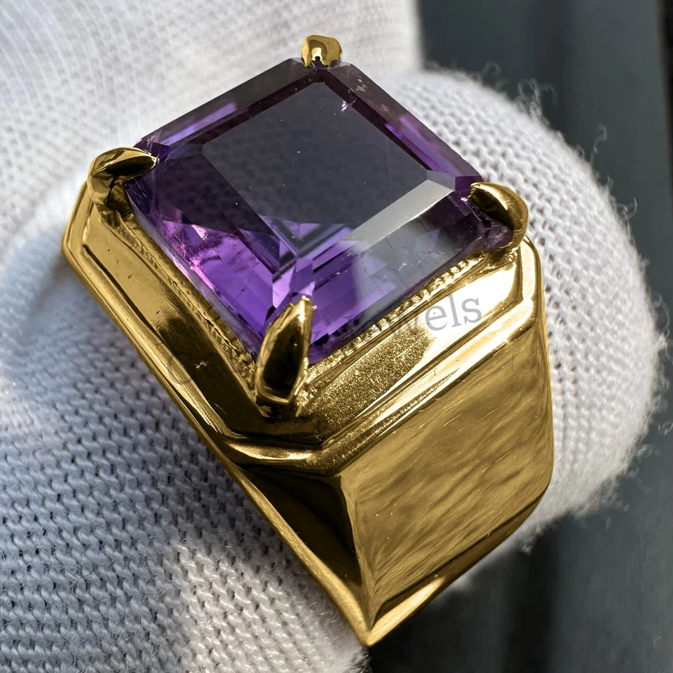 Anillo de compromiso de amatista para hombre anillo de regalo de oro amarillo de 14 k estilista anillo para hombre Foto 2 de 3
