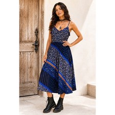 Aerie Boho Paisley Bandana Patchwork Midi Dress Size M Blue Peasant Whimsigoth