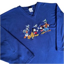Vtg Disney Mickey Mouse  Friends V Neck Pullover XL Blue Embroidered Fleece