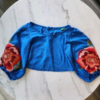 Farm Rio Blue Linen Crop Top With Floral Patches SIZE XS