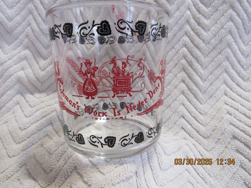 Vintage Hazel Atlas Sour Cream Glass  Woman's Work Is Never Done.