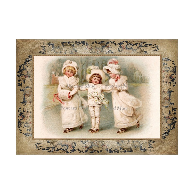 Victorian Christmas Children Skating Cotton Fabric Quilt Block Sewing Applique