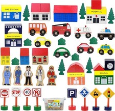Wooden Train Set Accessories, Modern City Town 50 Piece Train Track and Railroad