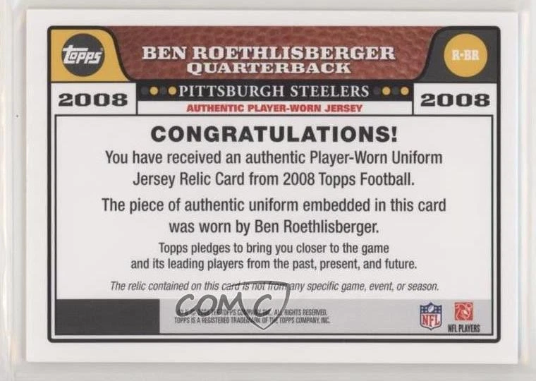 2008 Topps Retail Relics Ben Roethlisberger #R-BR - Image 2 of 2