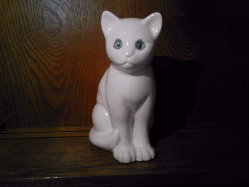 White Porcelain Cat with Glass Blue Eyes (Made in Portugal?)