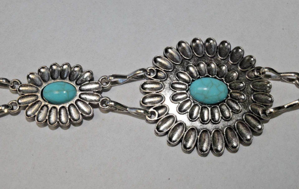 Vintage Southwestern Concho Chain Belt 90s Oval Turquoise Metal 48 Inches Long - Image 3 of 4