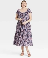 Knox Rose Floral Midi Dress Navy Blue Short Sleeve Pleated Tiered Boho Size S