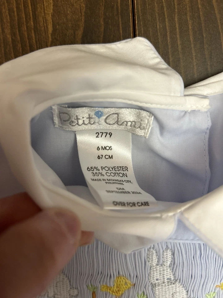 🩵 Petit Ami Brand Short-Sleeve Light Blue Smocked Bunny & Chicks Romper 🩵 - Image 2 of 4