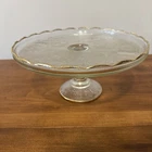 Vintage Harp Lyre Pattern  Pedestal Cake Stand Plate Jeanette Glass Gold Rim