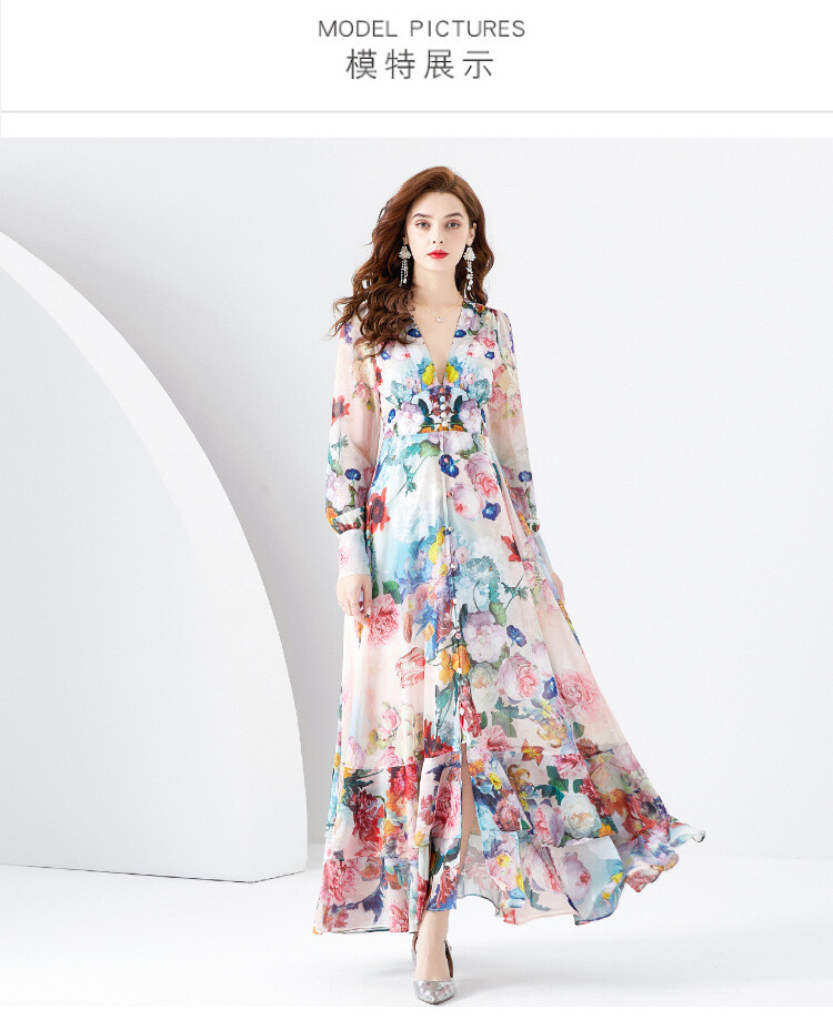 Chiffon Deep V-neck Lantern Sleeves Colored Floral Print