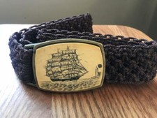 Vintage BoHo DETAILED Scrimshaw Brass Buckle on Crochet 41 Inch Brown Belt
