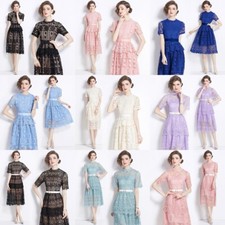 Summer Floral Print Crew Neck Hollow Out Womens Casual Party Midi Lace Dresses