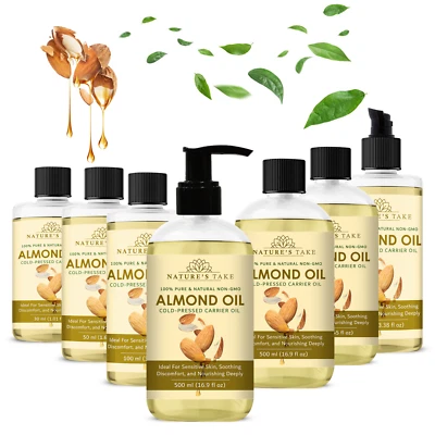 NATURE'S TAKE Sweet Almond Oil Organic Cold Pressed Ideal for Massage Skin & Haircare DIY UK