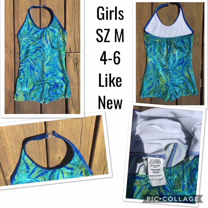 EUC Girls Gymnastics Leotard Leo Green Blue Sparkly Halter Shorts SZ M