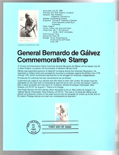 GENERAL BERNARDO DE GALVEZ-First Day Issue Stamp & Info-FREE SHIP