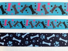 Dog Bones Grosgrain ribbon 7/8" Pink Navy Light Blue