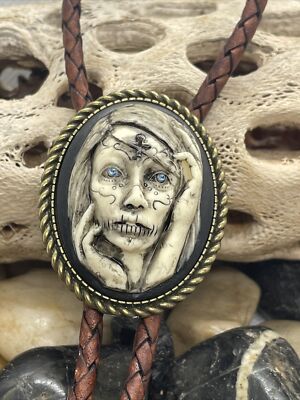 No rest For Wicked Sugar Skull Mexican Bolo Tie  Skeleton Mens Womens Brown New