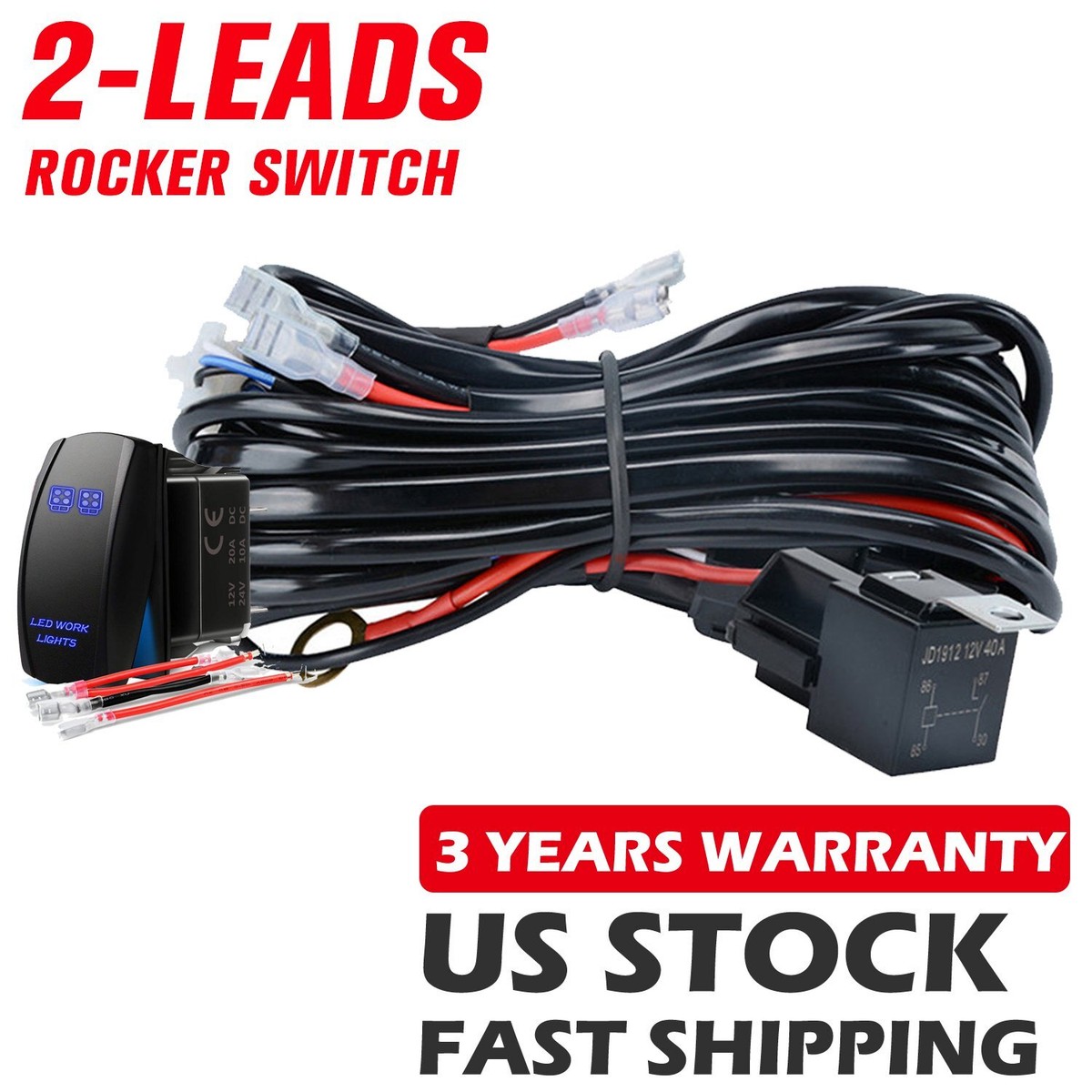 12V 2-Lead Wiring Harness Kit LED Work Light Pods Bar ON-OFF Rocker Switch  Relay