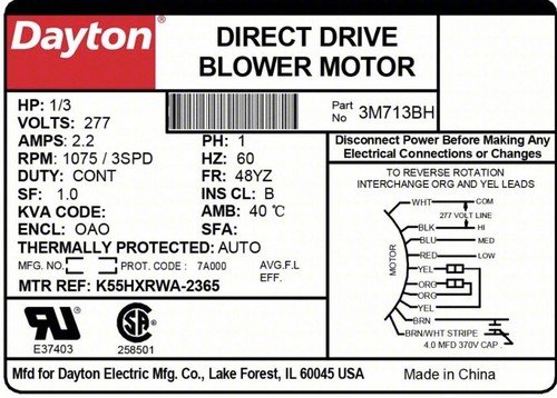 DAYTON Direct Drive Blower Motor 3 Speed, 1/3 HP, 1075 RPM HVAC Split Capacitor - Picture 3 of 10