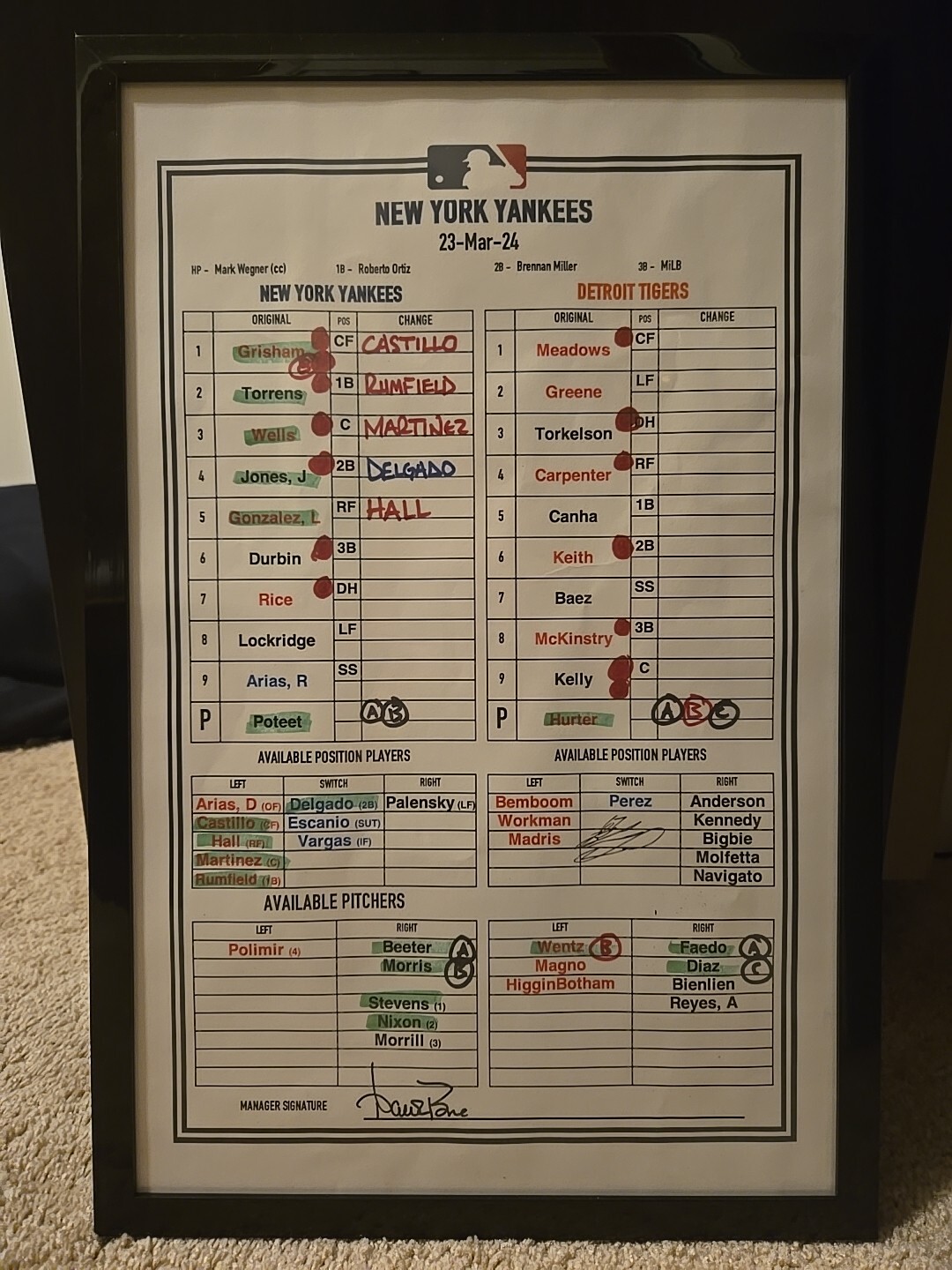 New York Yankees Game-Used Lineup Card vs. DET Tigers 3/23/24 (BEN RICE)