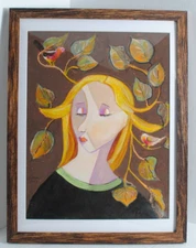 TWEETING THOUGHTS Picasso Cubism  Acrylic  by Artist Leean Swanson 13 x 17 in"
