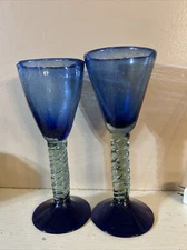 Hand Blown Blue Bubble Glass  Wine Glass With Green Twisted Stem