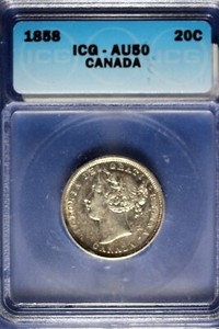 1858 - ICG AU50 Canada 20 Cents!!  #B10086