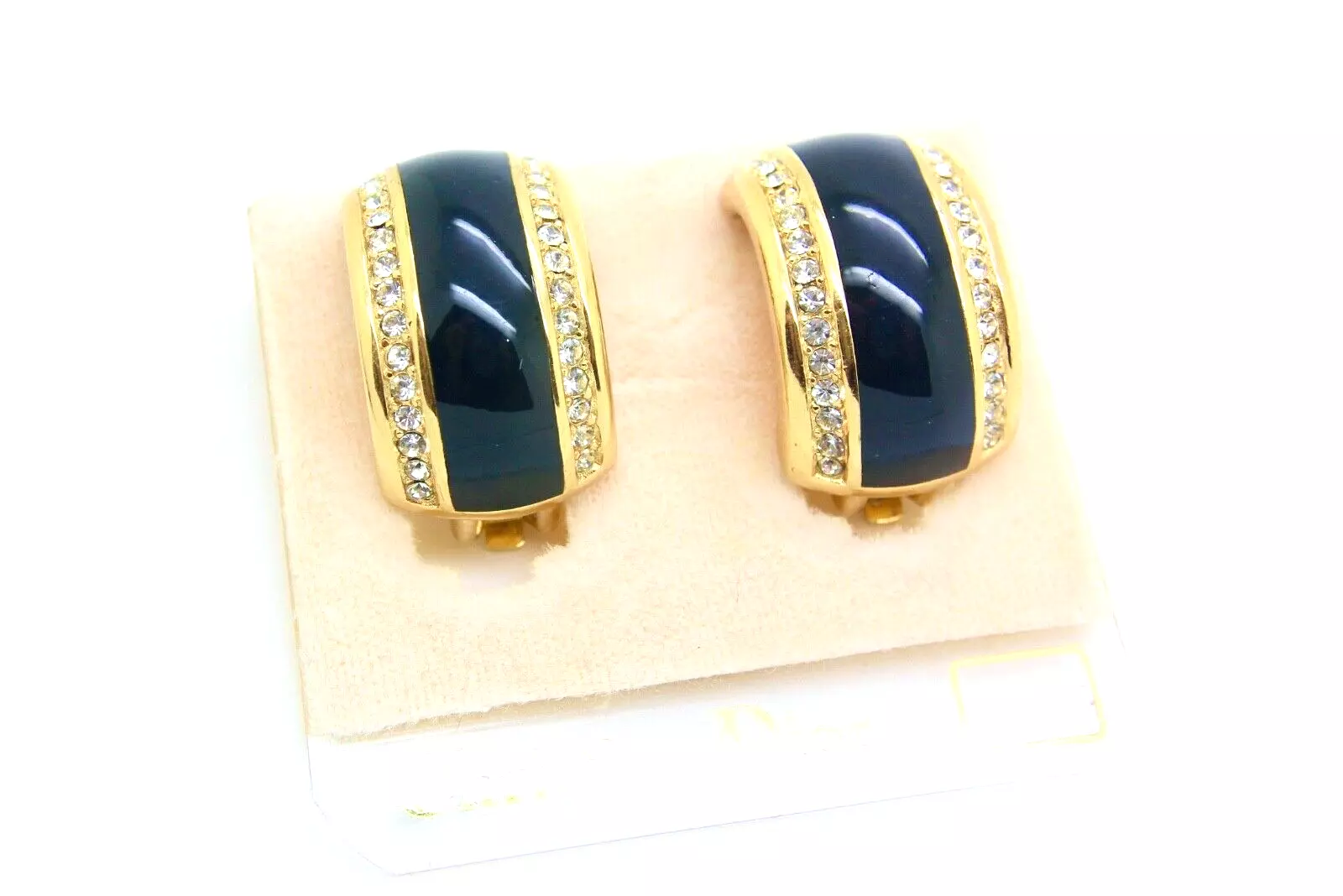Boucles d'oreilles clips vintage Christian Dior or 14 carats émail noir strass
