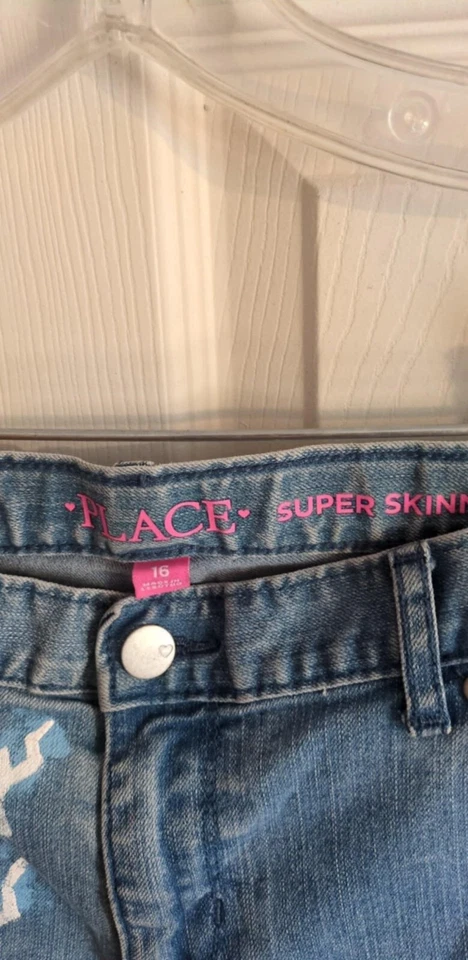 Children's Place Super Skinny Sz 16 Embellished Jeans Painted Emogies Blue Denim - Image 3 of 4