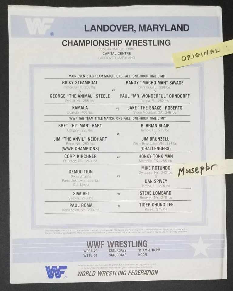 WWF 1987 Capital Centre LANDOVER MD  Lineup Sheet MARCH 1 Macho Steamboat CizOPY - Image 2 of 2