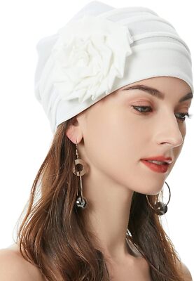 ZLYC Women Turban Beanie Hat with Flower Chemo One Size-Medium, Floral White 