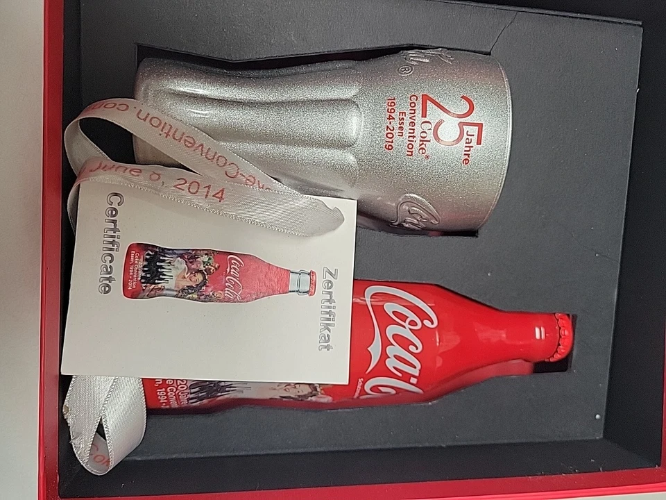 Convención Coca-Cola 20º 25º Año Botella Alemana y Taza Plata Caja Cruz Limitada 100 Foto 4 de 4