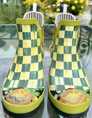 MacKENZIE CHILDS COURTLY CHECK PREMIUM RUBBER CHELSEA ANKLE RAIN BOOTS SZ 6