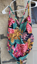 KONA SOL Floral Pink Turquoise Tan One Piece swimsuit size 16W Med Coverage NWT