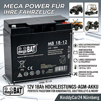megaBAT Akku 12V 18Ah| M5 Schraubanschluss Bleiakku VDS Kinder Auto Quad Bike