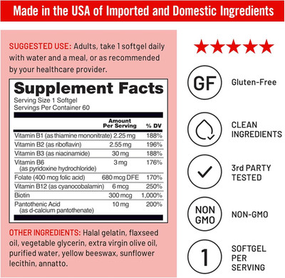 Vitamin B Complex for Women and Men - with Folic Acid Biotin B1 B2 B3 B6 B12 ...