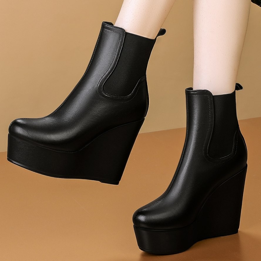 SAOLA Stivaletti donna suola spessa vera pelle plateau zeppa tacco alto pull on