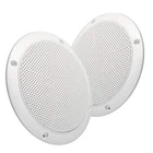 White 5-inch water-resistant slim profile dual cone speakers with circular mesh pattern and mounting holes for RVs and boats.