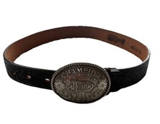Justin Kids CHAMPION Silver Buckle Sz 24-28  Black Leather Hand Tooled Belt USA