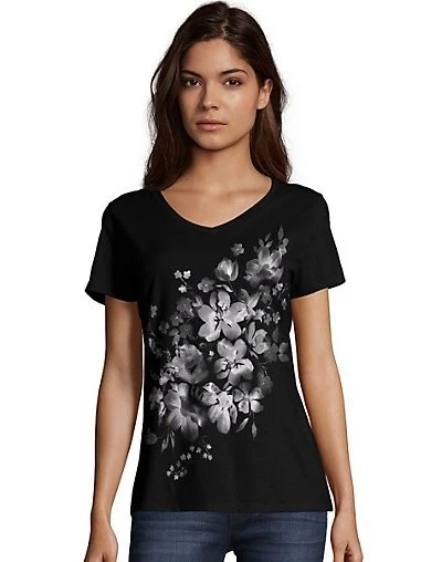 Hanes Womens Tee T Shirt Short Sleeve V Neck Graphic Bleach Floral Cascade Black