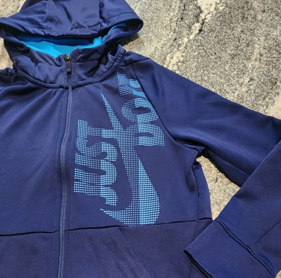 NIKE DRI FIT JUST DO IT FULL ZIP SWEATSHIRT YOUTH MEDIUM BLUE HOODIE ATHLETIC - Image 2 of 4