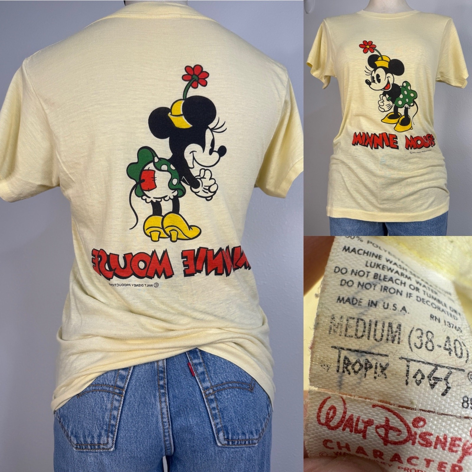 Vintage 70s Minnie Mouse Yellow Double Sided Graphic T-Shirt USA Single Stitch