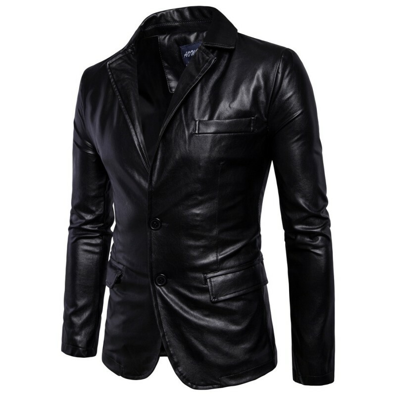 Men's Leather Blazer Jacket Two Buttons Slim Fit Waterproof