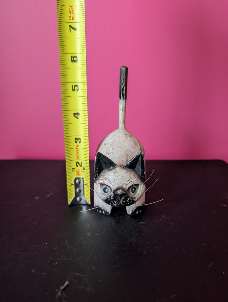 Vintage Wooden Hand Carved Painted Siamese Cat